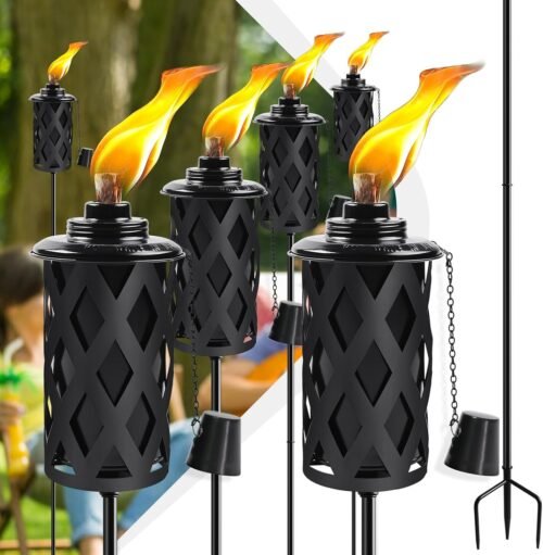 Citronella Torches for Outside Set of 6, 16 Oz Outdoor Torches with 3-Prong Grounded Stake, 59 Inch Metal Torch for Garden Décor, Outside Torches for Backyard, Garden, Patio (Black