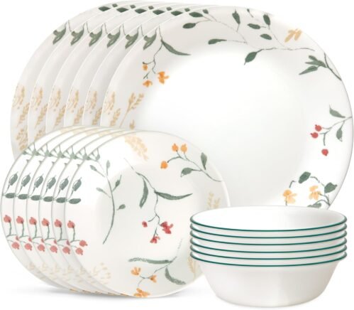 Corelle Vitrelle 18 Piece Glass Dinnerware Sets Service for 6, Triple Layer Chip & Crack Resistant Glass Plate and Bowl Sets, Wildflower