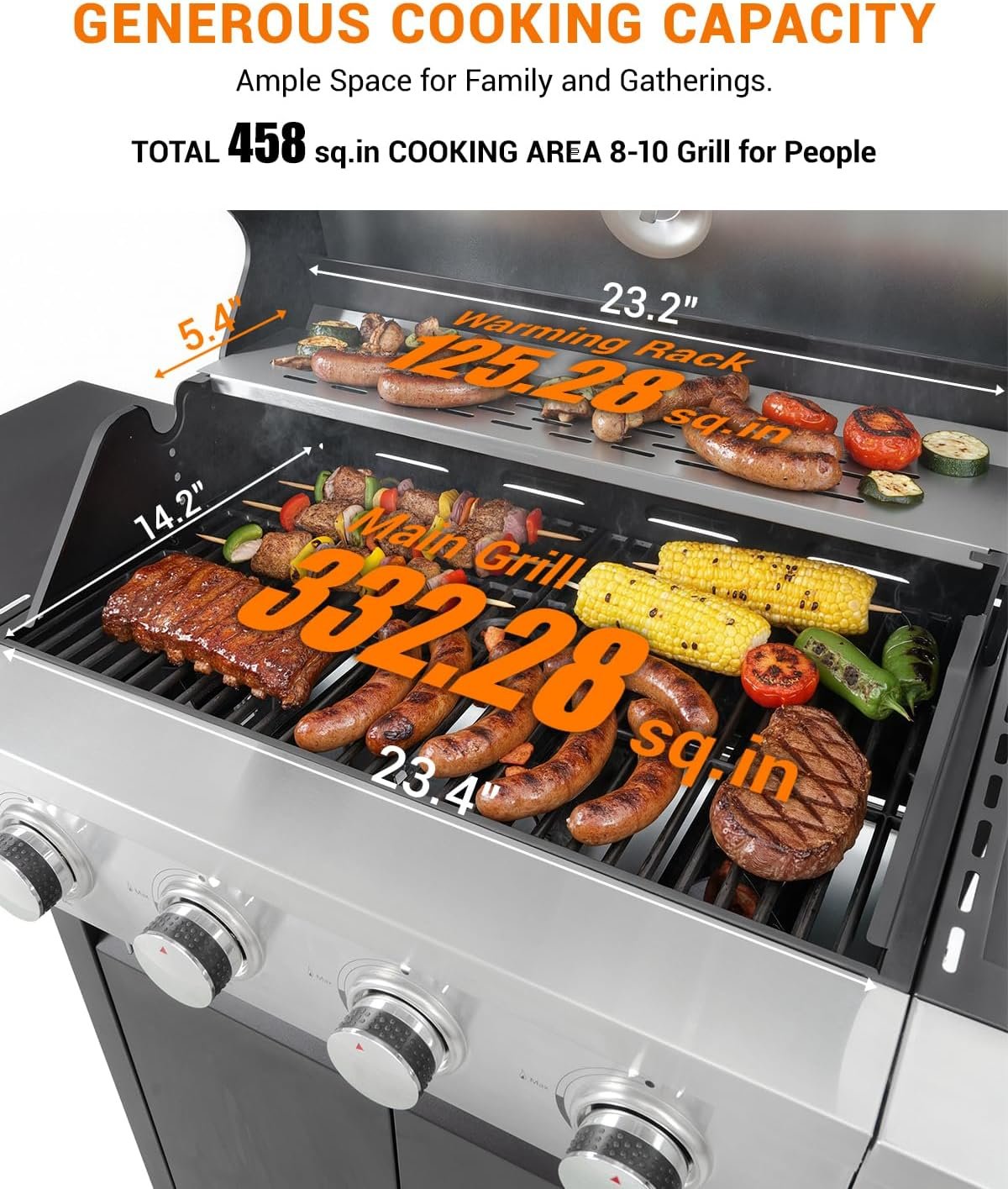 4-Burner Propane Gas BBQ Grill with Side Burner, 46,500 BTU Output Stainless Steel Barbecue Grill with Enameled Cast Iron Grates and Side Tables for Outdoor Cooking Kitchen and Patio Backyard - Image 4