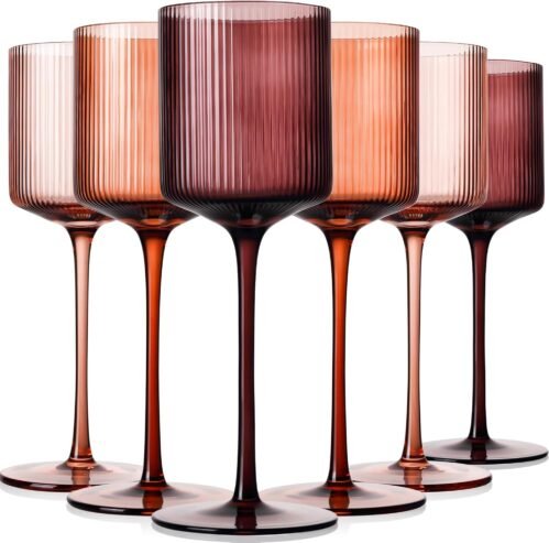 Melanin Colored Square Wine Glasses Set of 6, Elegant Ribbed Design Amber Crystal Glassware with Long Stem, 11.5oz Hand Blown Red & White Wine Stemware For Home Bar Deco,Party,Wine Dinner- Multicolour