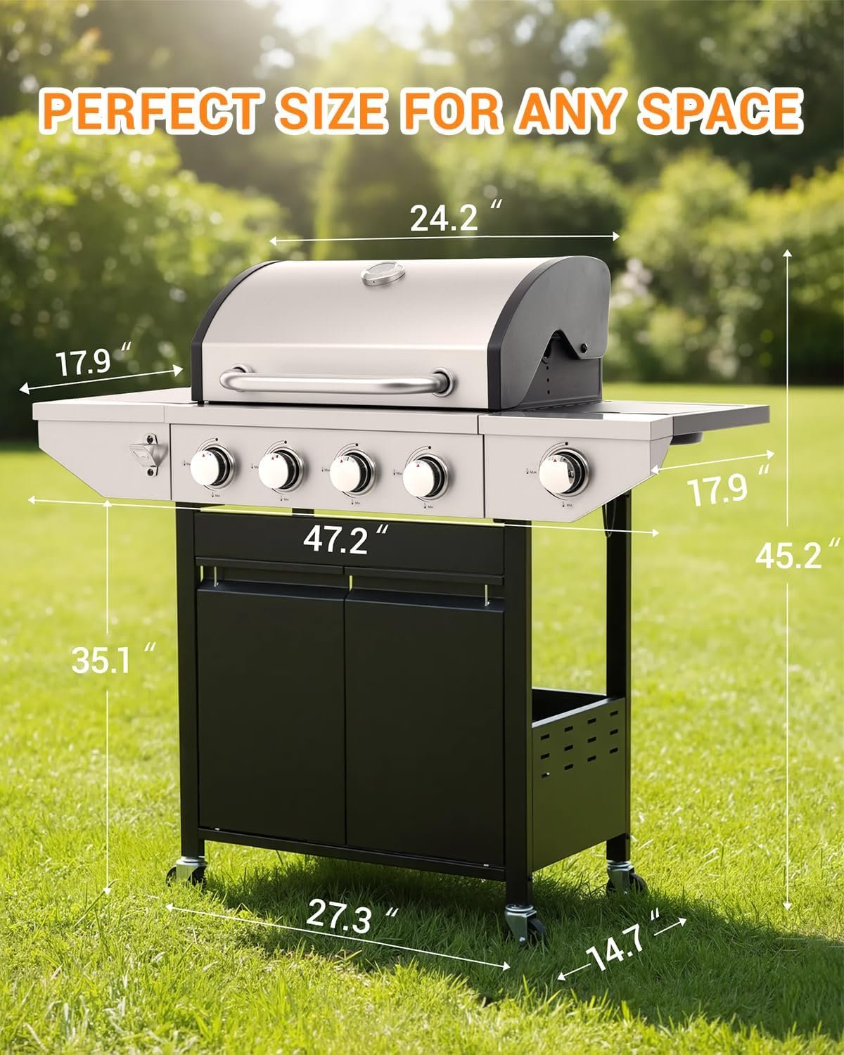 4-Burner Propane Gas BBQ Grill with Side Burner, 46,500 BTU Output Stainless Steel Barbecue Grill with Enameled Cast Iron Grates and Side Tables for Outdoor Cooking Kitchen and Patio Backyard - Image 8