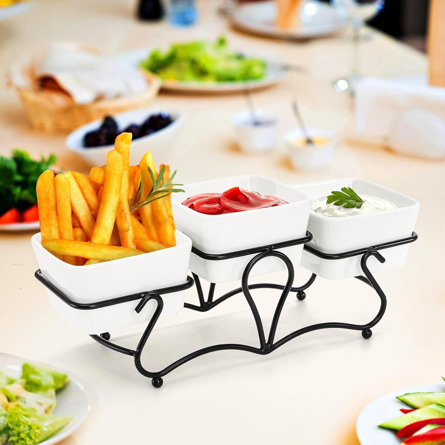 10 OZ Square Bowl Chip & Dip Serving Set, 3 Pieces Ceramic Condiment Server with Metal Stand, Serving Dish Tray for Party Entertaining, Small Snack Platters for Side Dish Appetizer Nuts - Image 5