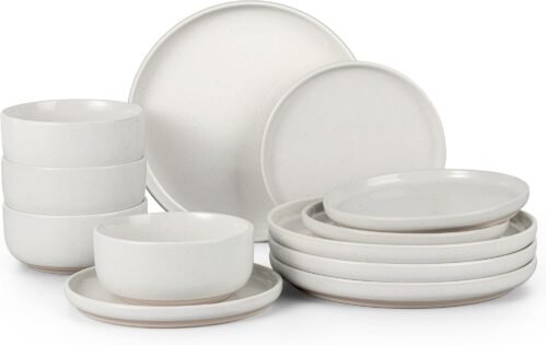 HaWare Stoneware Dinnerware Sets, 12-Piece Plates and Bowls Set for 4, Dishes Set for Home Restaurant, Speckled Milky White