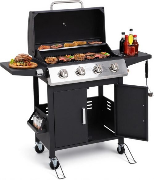 HUGROVE 4-Burner Propane Gas BBQ Grill, Upgraded 40,000 BTU Stainless Steel Barbecue Grill with Foldable Side Tables, Spice Rack & Wheels for Outdoor Cooking