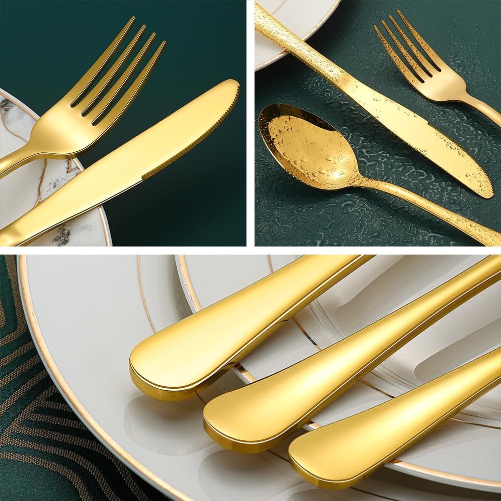 Gold Silverware Set for 12, Compralo 60 Pieces Stainless Steel Shiny Gold Flatware Set, Cutlery Tableware Set Include Spoons, Forks, Knives for Home and Restaurant - Image 3