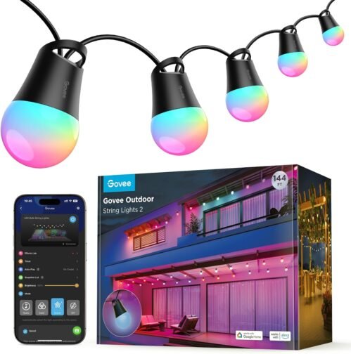 Govee Smart Outdoor String Lights 2, 144ft Outdoor Lights with Dimmable Warm White LED Bulbs, 47 Scene Modes for Patio, Backyard, Balcony, IP65 Waterproof, Works with Alexa, App Control