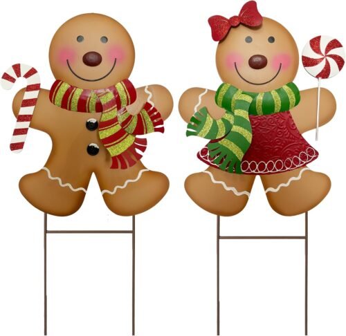 Outdoor Christmas Decorations,27″ H Large Gingerbread Boy and Girl Metal Yard Stakes,Set of 2, Rustic Winter Signs for Lawn Garden,Patio, Pathway & Front Yard,Farmhouse Porch Outside