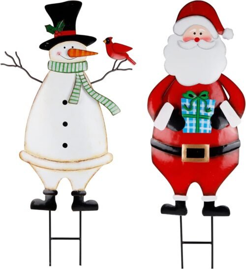 Hausse 2 Pack Christmas Garden Metal Stakes, 31.5 Inch Decorative Snowman and Santa Claus, Xmas Yard Signs for Outdoor Decorations, Holiday New Year Home Decor for Lawn Pathway Patio