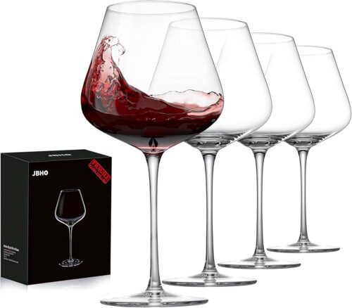 JBHO Set of 4-21 Ounce Hand Blown Italian Style Crystal Burgundy Wine Glasses – Lead-Free Premium Crystal Clear Glass – Gift-Box for any Occasion