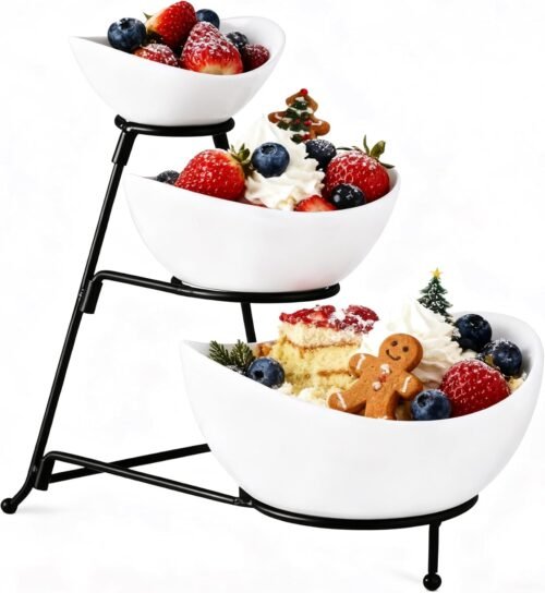 Gomakren 3 Tiered Oval Serving Bowl With Collapsible Metal Rack, Chip and Dip Serving Set, Dessert Appetizer, Candy, Fruit, Vegetable Bowl Set, Christmas Serving Bowls For Entertaining (Black Stand)