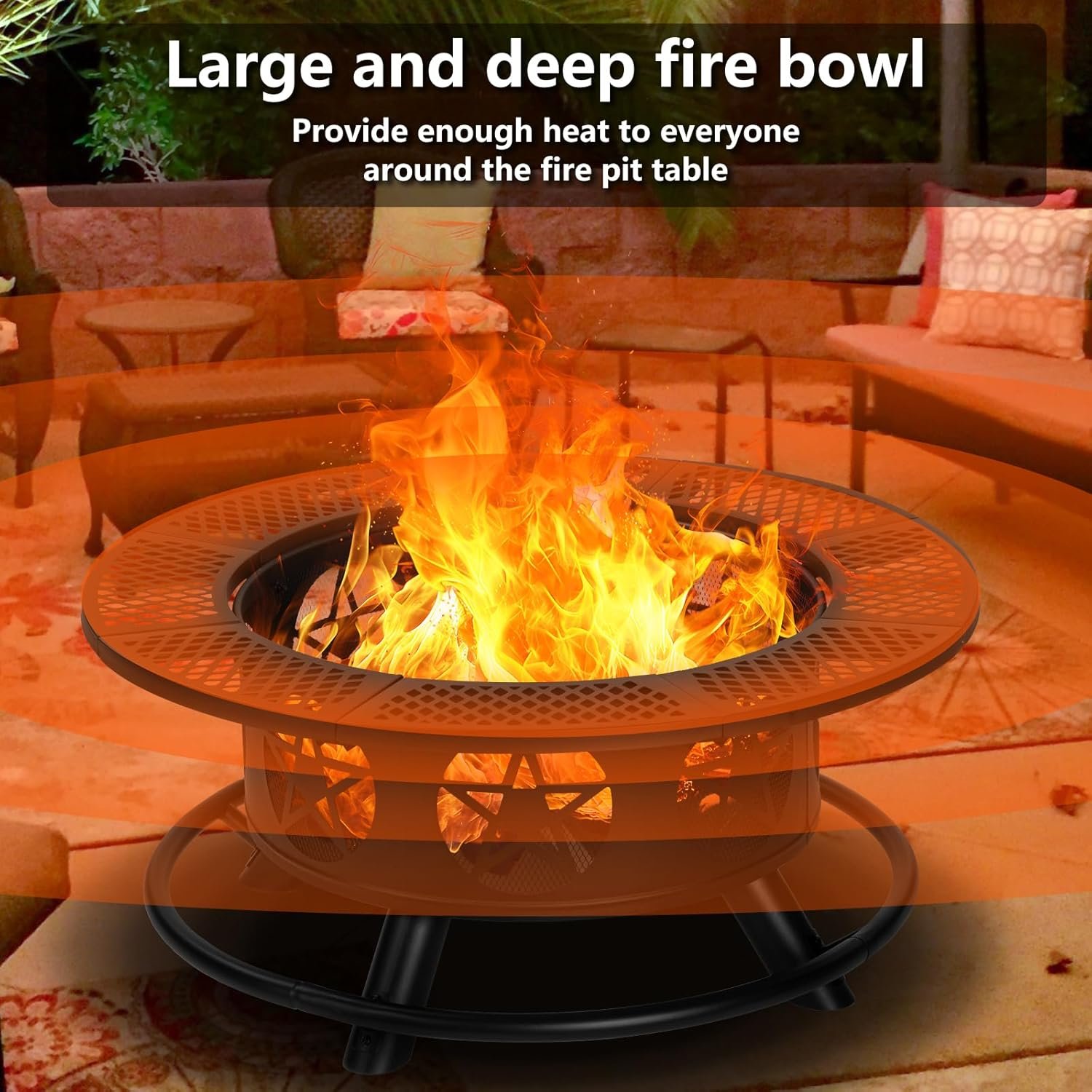 36 Inch Fire Pit with 2 Grills, Wood Burning Fire Pits for Outside with Lid & Poker, BBQ& Outdoor Firepit & Round Metal Table 3 in 1 for Patio, Picnic, Party - Image 5