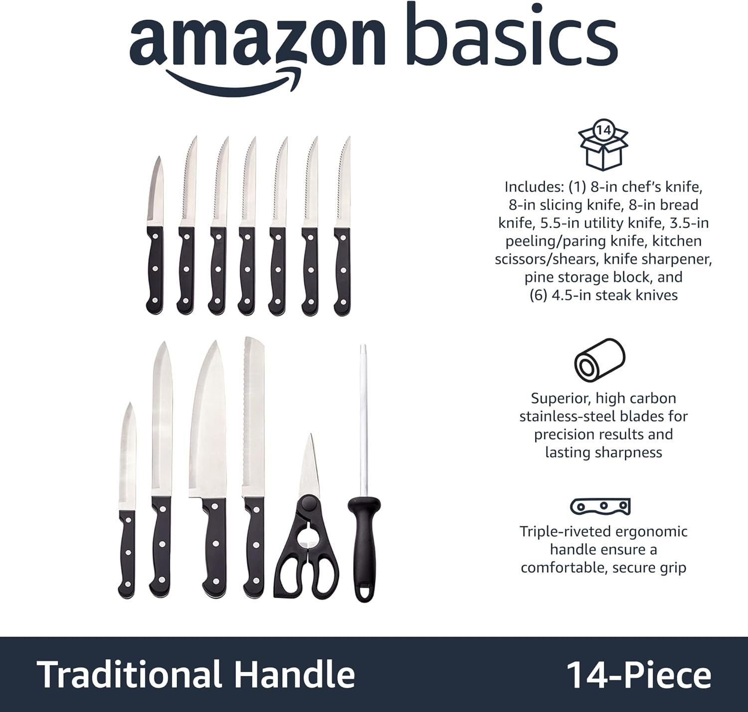 Amazon Basics 14-Piece High Carbon Stainless Steel Kitchen Knife Set with Sharpener and Pinewood Block, Black - Image 2