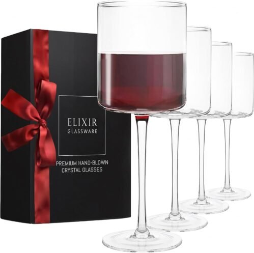 ELIXIR GLASSWARE Wine Glasses Set of 4-17oz – Square, Large Red or White Wine Glasses – Hand Blown Long Stem Crystal Wine Glass Set – Housewarming Gifts
