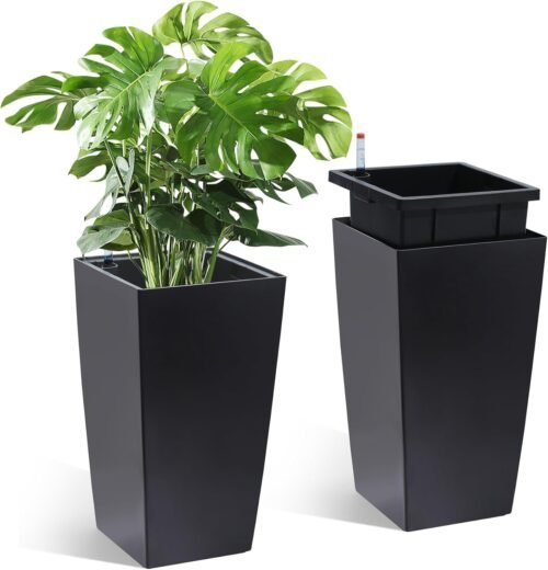Garvee 16″ Tall Planters Set of 2, Outdoor＆Indoor Black Planter Pots, High Front Porch Planter Pots with Drainage Holes＆Water Level Monitor＆Inner Bucket,Black