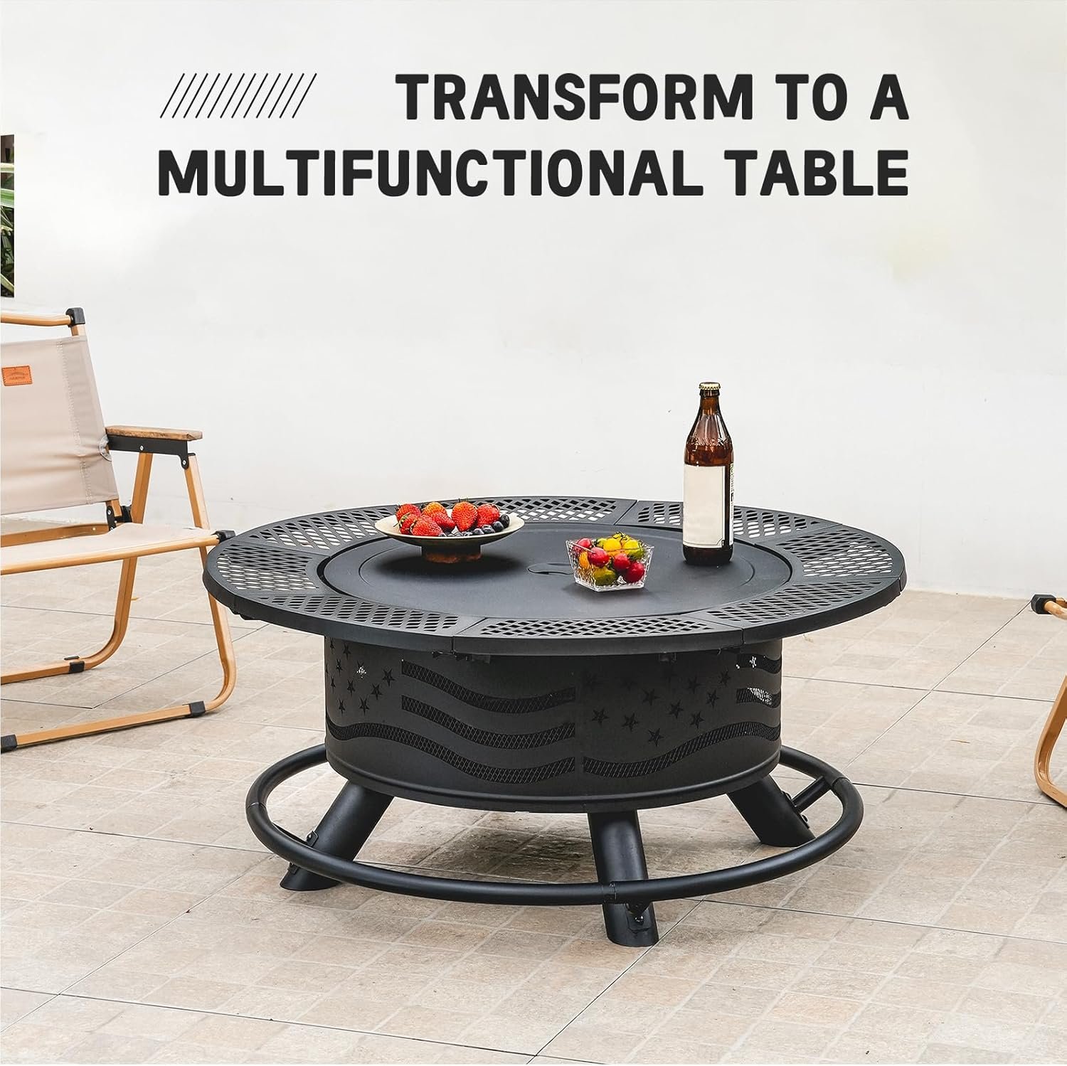 36 Inch Fire Pit with 2 Cooking Grates, Outdoor Wood Burning BBQ Grill Firepit Bowl with Cover Lid, Steel Round Table for Backyard Bonfire Patio Picnic (Black, 36IN) - Image 4