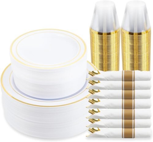 350 Piece Gold Dinnerware Set,100 Plastic Plates, 50 Cups,50 Pre Rolled Napkins with Plastic Silverware, Disposable Gold Dinnerware Set for 50 Guest