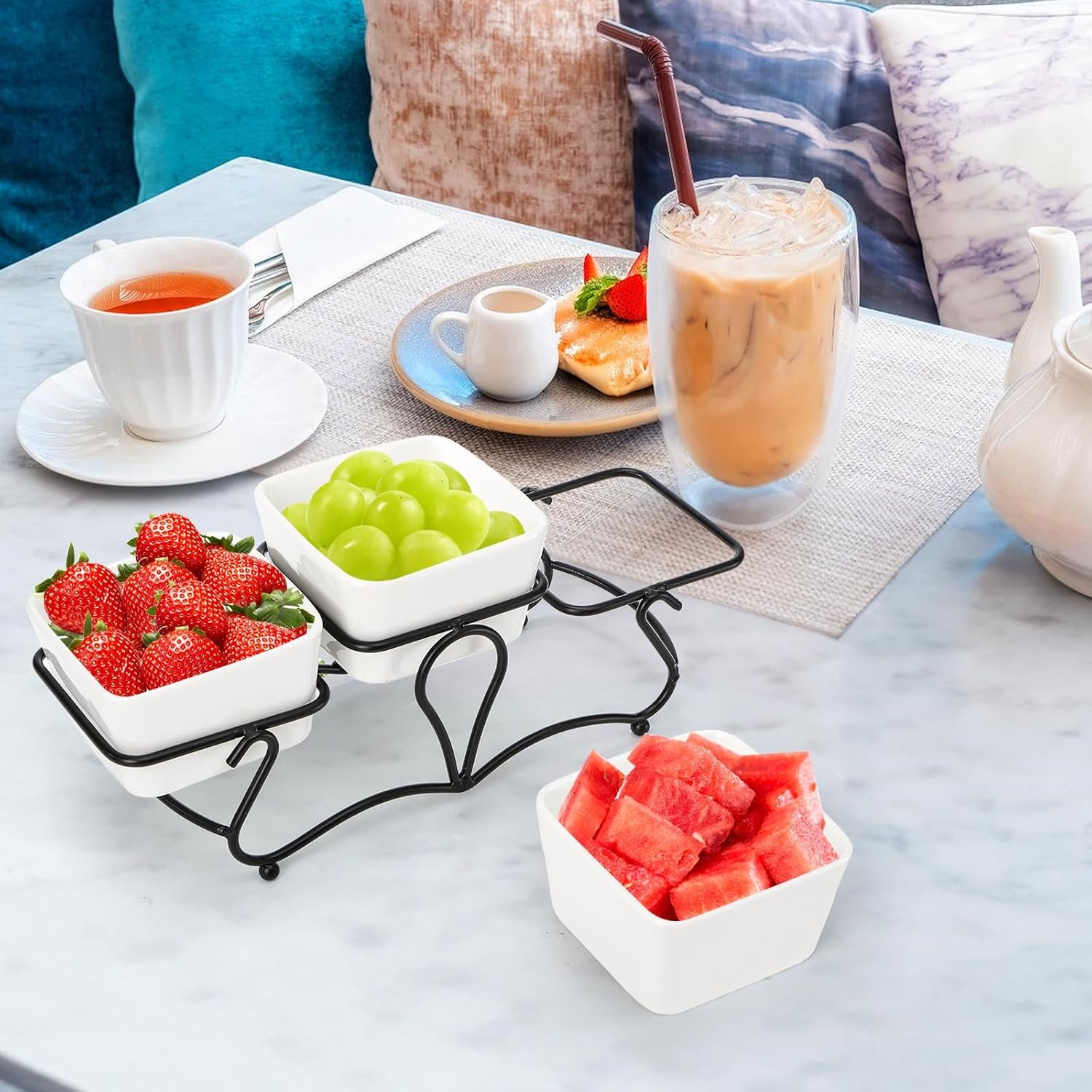 10 OZ Square Bowl Chip & Dip Serving Set, 3 Pieces Ceramic Condiment Server with Metal Stand, Serving Dish Tray for Party Entertaining, Small Snack Platters for Side Dish Appetizer Nuts - Image 7