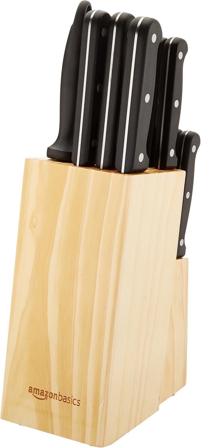 Amazon Basics 14-Piece High Carbon Stainless Steel Kitchen Knife Set with Sharpener and Pinewood Block, Black - Image 5