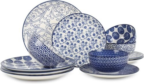 Selamica Ceramic Dinnerware Sets, 12-Pieces Plates and Bowls Sets, Scratch Resistant Dishes set for 4, Dishwasher & Microwave Safe,Vintage Blue
