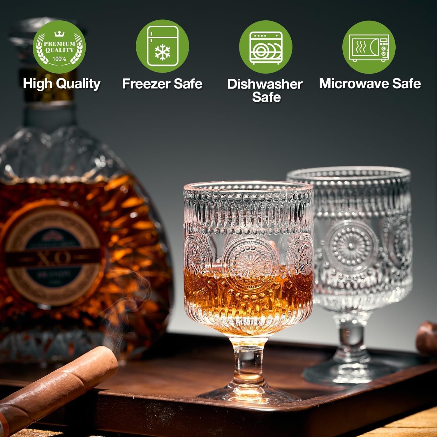 6 Packs Vintage Goblet Glasses, 8 oz Wine Glasses, Embossed Floral Glass Cups Set, Clear Drink Glasses, Drinking Goblets, Bar Tumbler Glassware for Iced Tea, Wine, Beer, Juice, Cocktail, Whiskey - Image 2