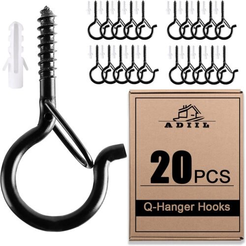 ADIIL 20 PCS Q Hanger Hooks with Safety Buckle, Windproof Screw Hooks for Hanging Outdoor String Lights, Plants, Christmas Patio Lights, 2.2 Inches, Black