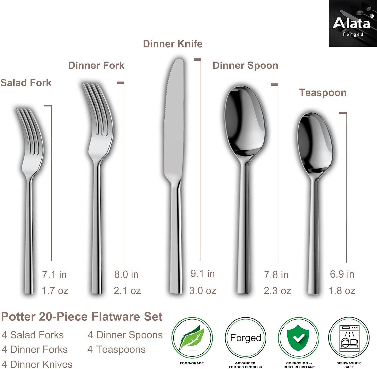 Alata Potter 20-Piece Forged Silverware Set Stainless Steel Flatware Set Cutlery Set,Service for 4,Mirror Finish,Dishwasher Safe - Image 4