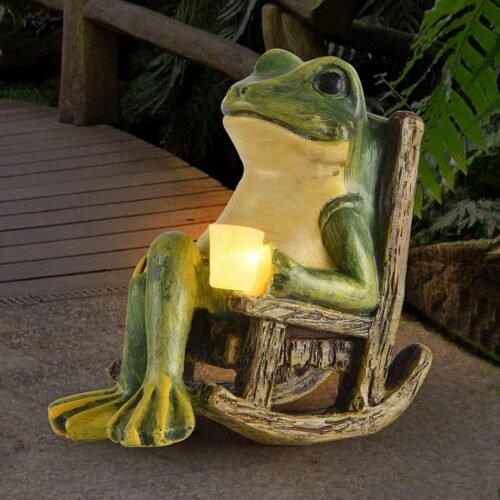 Miniature Frog Garden Statue Gifts Christmas Decorations Fairy Garden Accessories Outdoor Lights Solar Garden Frog Decor Art Housewarming Gift for Patio,Yard,Lawn Ornament,3.89″x2.36″x3.93