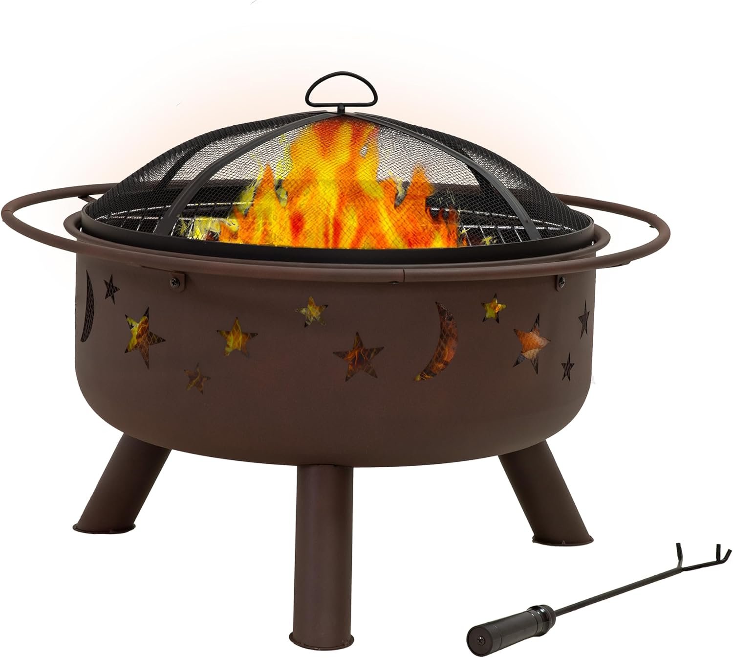 Sunnydaze Cosmic 30-Inch Patio Fire Pit for Outside - Outdoor Wood-Burning Fire Pit with Grill Grate, Spark Screen, and Fireplace Poker