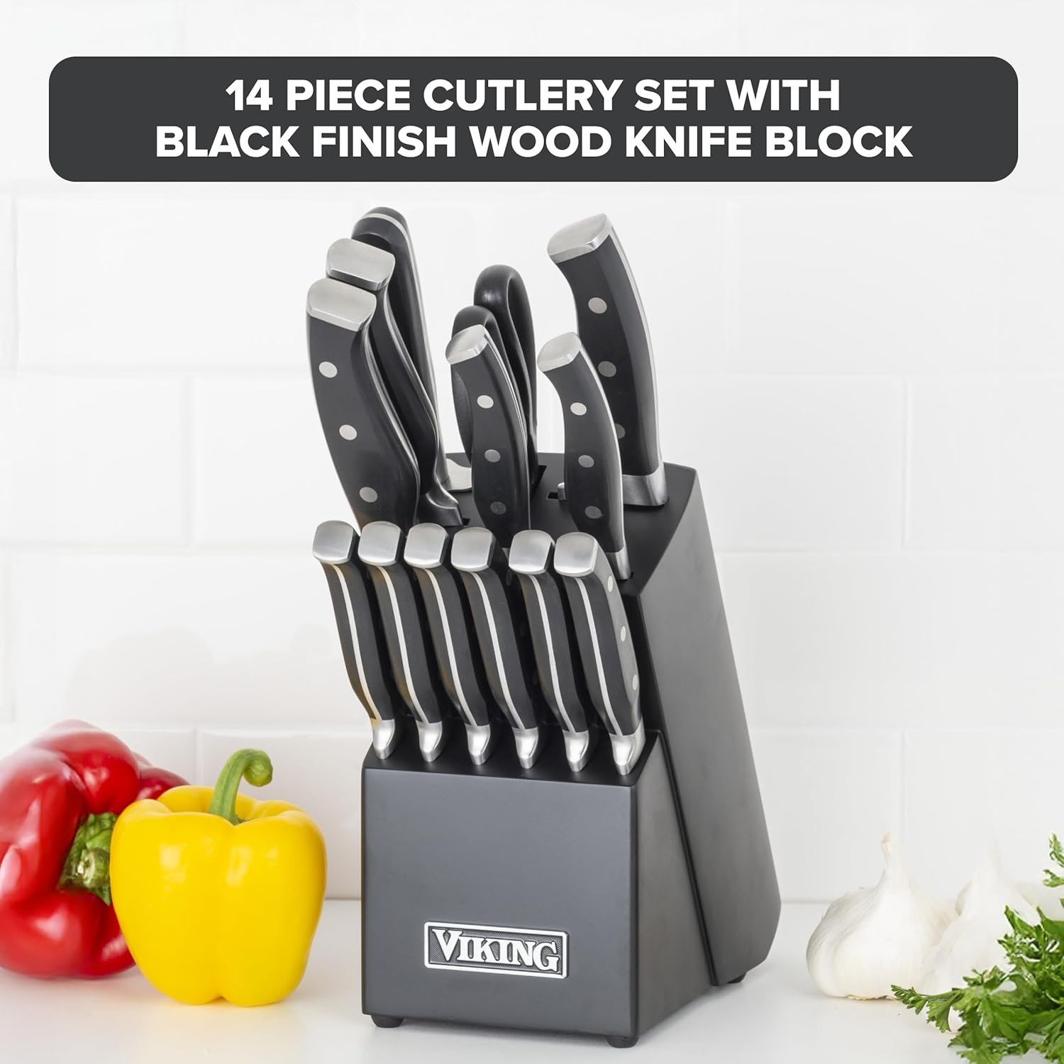 Viking Kitchen Knives Set, 14 Piece Cutlery Set with Black Knife Block, Stainless Steel Blades and Ergonomic Handles, Dishwasher Safe - Image 2