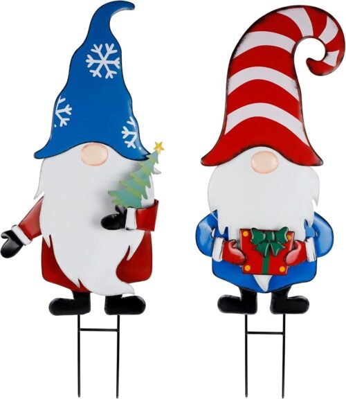 Hausse 2 Pack Garden Metal Gnome Stakes, 33 Inch Christmas Decorative Gnomes Stakes, Yard Signs for Outdoor Decorations, Holiday New Year Spring Home Tomte Decor for Lawn Pathway Patio