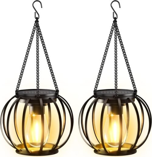 KOOPER Solar Lanterns Outdoor Waterproof, Upgraded Metal Hanging Solar Lights Outdoor Lanterns, Brighter Auto On/Off Outdoor Hanging Lantern for Yard Patio Pathway Porch Garden Decor 2 Pack