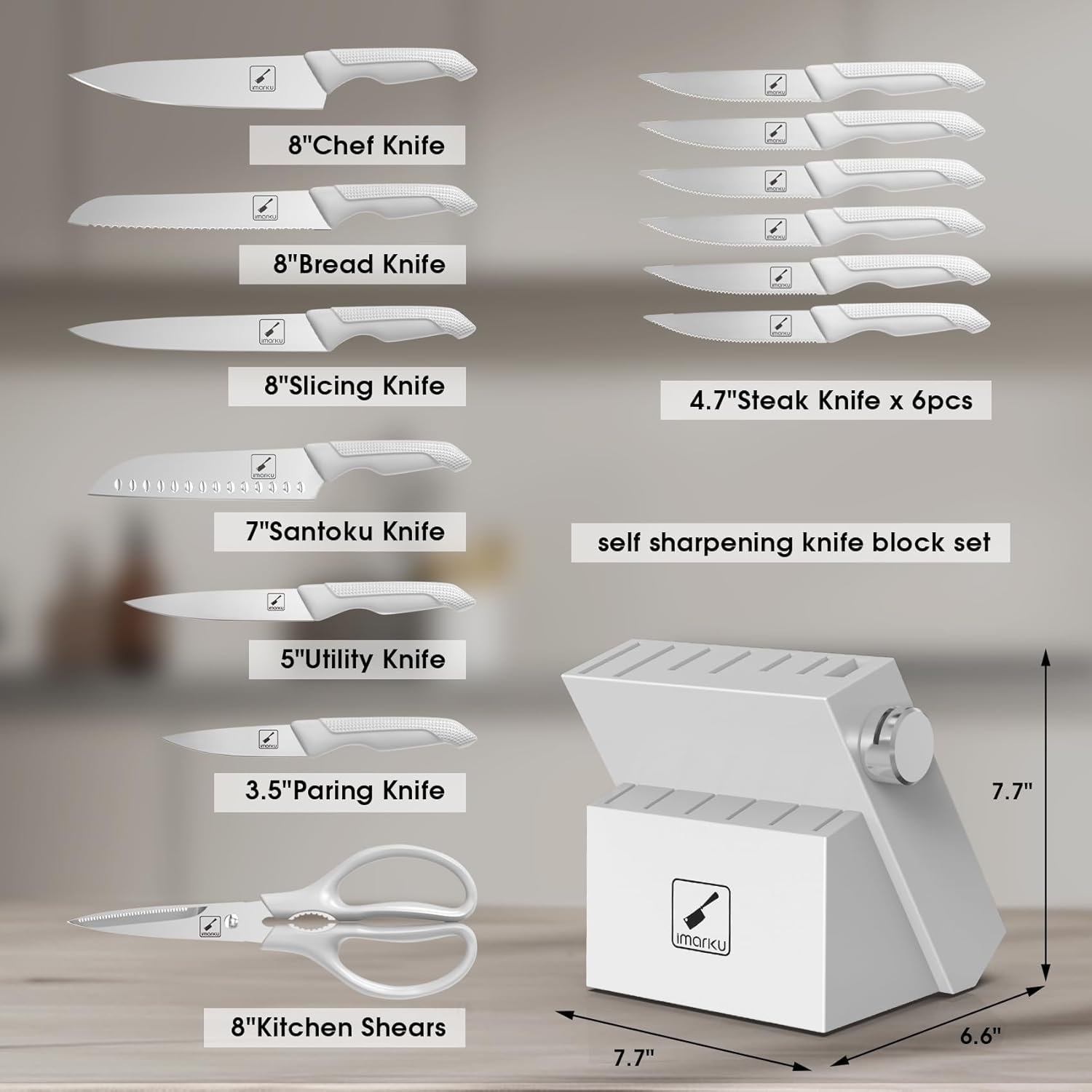 imarku Knife Set With Block, White Knife Sets, Knife Block Set, 14pcs Stainless Steel Kitchen Knife Set, Kitchen Essentials for New Home, Apartment Essentials, Built-in Sharpener, Dishwasher Safe - Image 5