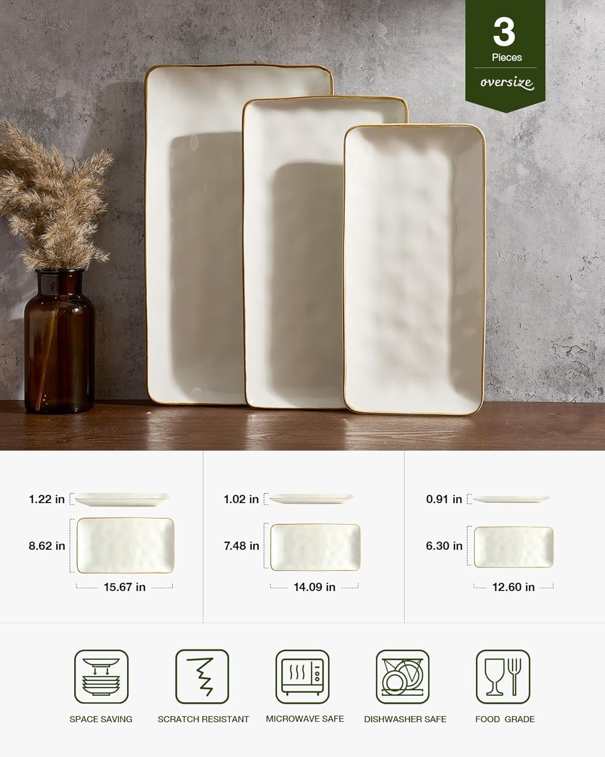 Famiware Serving Platter, Rectangular 15.67/14.1/12.6inch Serving Dishes for Entertaining, Microwave Dishwasher Safe, Stoneware Serving Trays for Party, Turkey, Cheese, Ocean Series, Vanilla White - Image 2