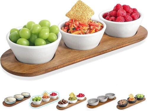 Artena 10oz Ultra-fine Porcelain Chips and dip Serving Platter with Acacia Wooden Tray, 4.75inch White Dipping Bowls,Small Serving Bowls for Condiments, Side Dishes, Pre, Dessert, Salsa, Entertaining