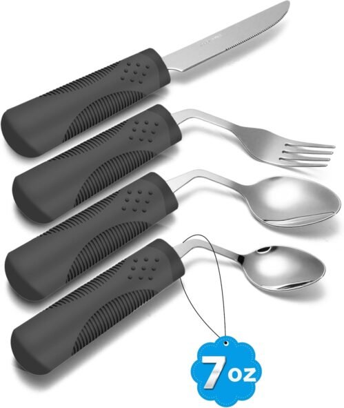 Adaptive Utensils (4-Piece Set) Weighted 7 oz – 42° Angled Utensils for Parkinson’s Patients, Hand Tremors, Arthritis & Elderly – Eating Utensils for Elderly (Black: Left Handed)