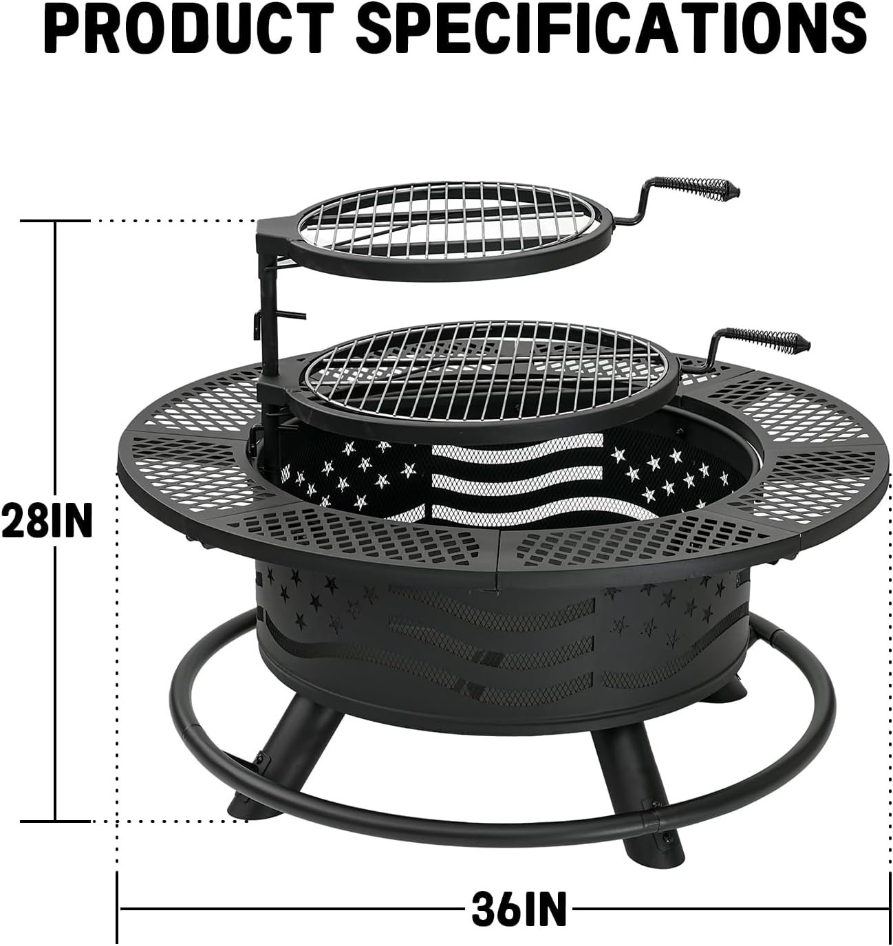 36 Inch Fire Pit with 2 Cooking Grates, Outdoor Wood Burning BBQ Grill Firepit Bowl with Cover Lid, Steel Round Table for Backyard Bonfire Patio Picnic (Black, 36IN) - Image 6