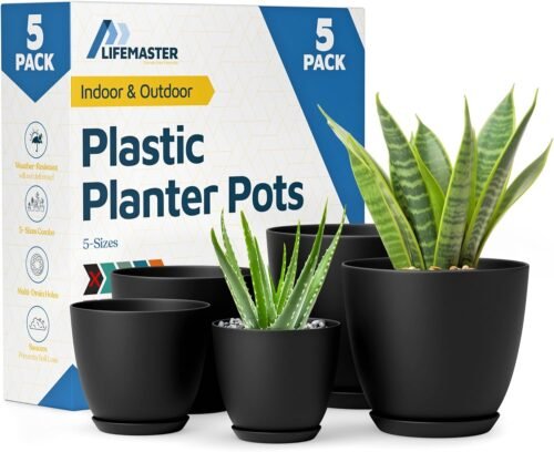 Lifemaster Plant Pots with Multi Drainage Holes – 5 Pieces Versatile, Sturdy Plastic, Stackable Design Home Decor Flower Pots for Indoor and Outdoor Gardening – Black