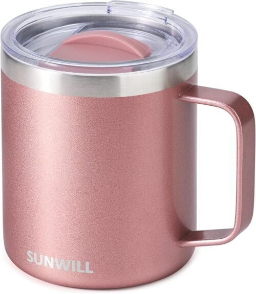 SUNWILL Travel Coffee Mug with Lid, Insulated Tumbler with Handle, 14 oz Stainless Steel Cup for Ice, Water, Tea, Rose Gold