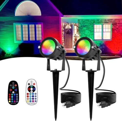 RGBW Christmas Spotlight Outdoor: 16 Color Changing Landscape Lighting with Remotes 120V Plug in Waterproof Holiday LED Spot Light for Yard Garden Tree Path House Décor, 2 Pack (RGB + Warm Light)