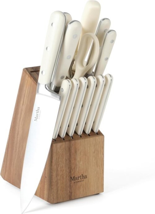 MARTHA STEWART Eastwalk 14 Piece High Carbon Stainless Steel Cutlery Kitchen Knife Block Set w/ABS Triple Riveted Forged Handle Acacia Wood Block – Linen White