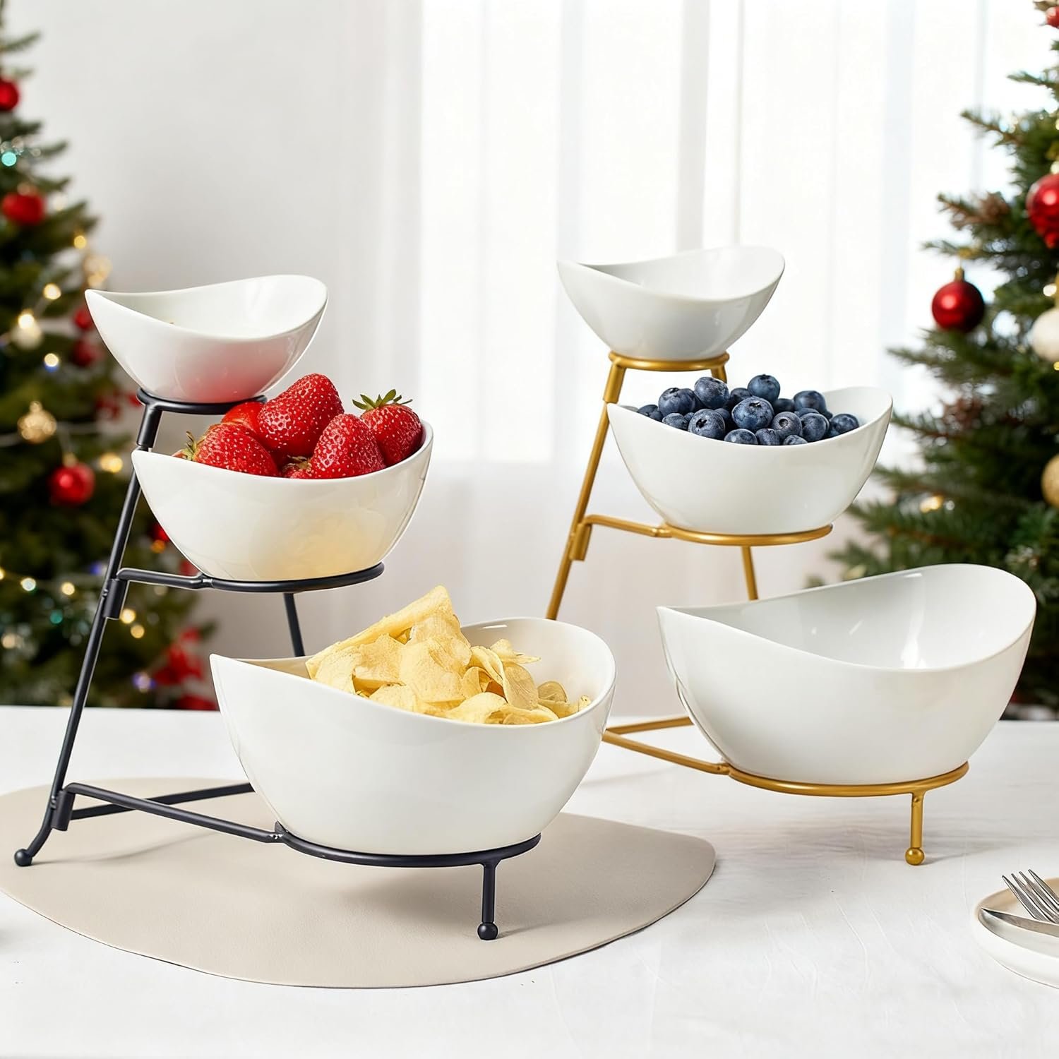 Gomakren 3 Tiered Oval Serving Bowl With Collapsible Metal Rack, Chip and Dip Serving Set, Dessert Appetizer, Candy, Fruit, Vegetable Bowl Set, Christmas Serving Bowls For Entertaining (Black Stand) - Image 6