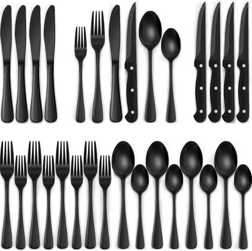 EWFEN 24-Piece Silverware Set with Steak Knives, Food-Grade Stainless Steel Tableware Cutlery Set for 4, Mirror Finished Flatware Utensil for Home Restaurant Black