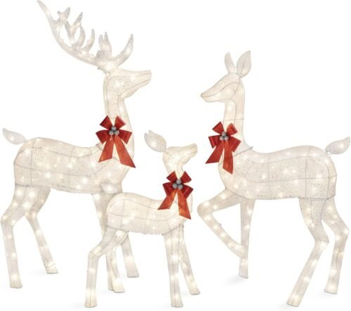 Best Choice Products 3-Piece Large Lighted Christmas Deer Family Set 5Ft Outdoor Yard Decoration with 360 LED Lights, Stakes, Zip Ties – White