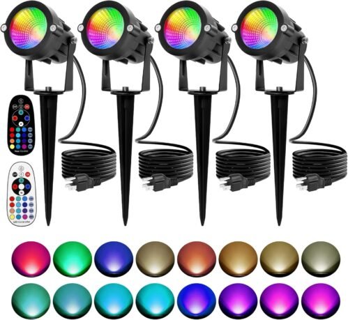 Christmas Spotlights Outdoor: RGBW LED Spot Light Plug in 120V Remote Control 16 Color Changing Landscape Spotlights for Yard Outside House Garden Lawn Path Tree Holiday Décor, 4 Pack (RGB+Warm White)