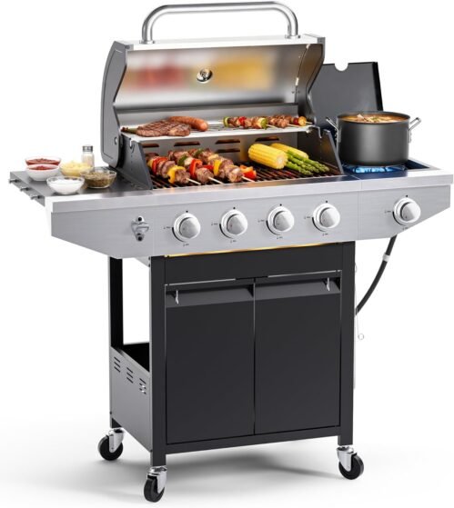 4-Burner Propane Gas BBQ Grill with Side Burner, 46,500 BTU Output Stainless Steel Barbecue Grill with Enameled Cast Iron Grates and Side Tables for Outdoor Cooking Kitchen and Patio Backyard