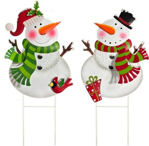 Outdoor Christmas Decorations,2 Pack Snowman Garden Stakes Decoration, Metal Holiday Yard Art, Winter Outdoor Decor, Metal Garden Lawn Decor for Xmas Pathway Patio