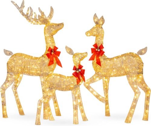 Best Choice Products 3-Piece Large Lighted Christmas Deer Family Set 5Ft Outdoor Yard Decoration with 360 LED Lights, Stakes, Zip Ties – Gold