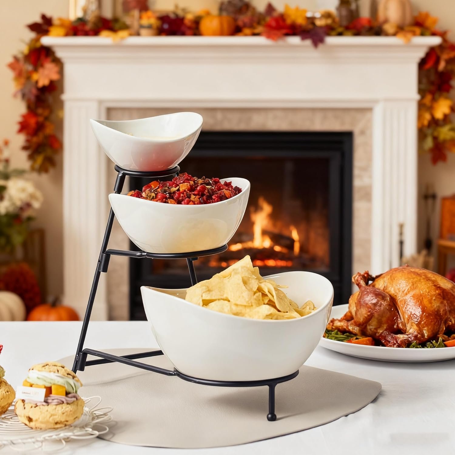 Gomakren 3 Tiered Oval Serving Bowl With Collapsible Metal Rack, Chip and Dip Serving Set, Dessert Appetizer, Candy, Fruit, Vegetable Bowl Set, Christmas Serving Bowls For Entertaining (Black Stand) - Image 5