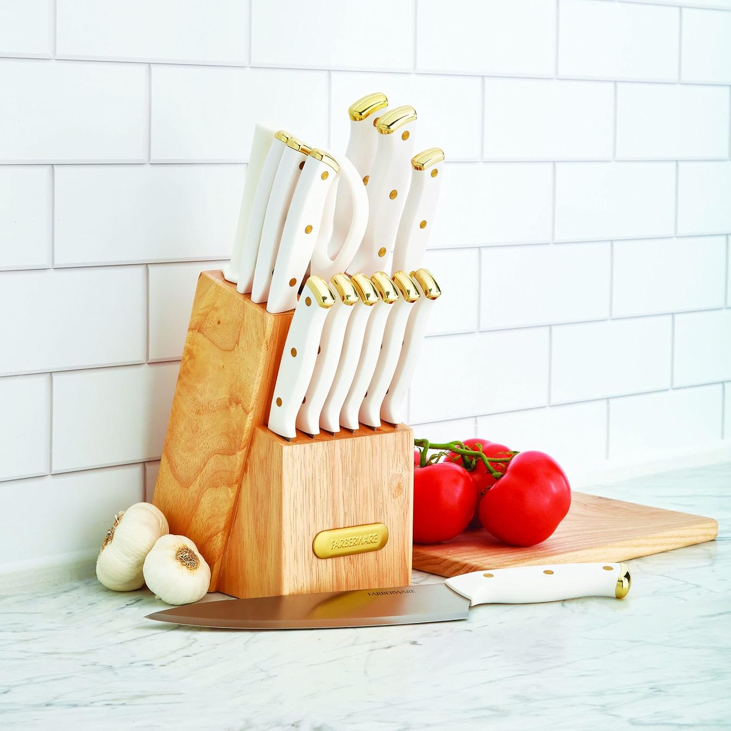 FARBERWARE 15-Piece Knife Block Set, Triple-Riveted High-Carbon Stainless Steel Kitchen Knives, Razor Sharp Blades, Wood Storage Block, White/gold - Image 5