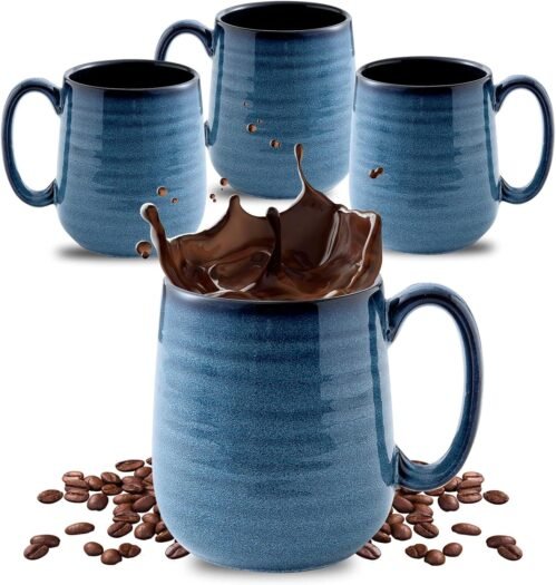 HASENSE Coffee Mugs Set of 4, 15 Ounce Porcelain Mug Set with Handle for Morning Coffee Tea and Cocoa, Ceramic Coffee Cups with Beautiful Glaze for Men, Women, Navy